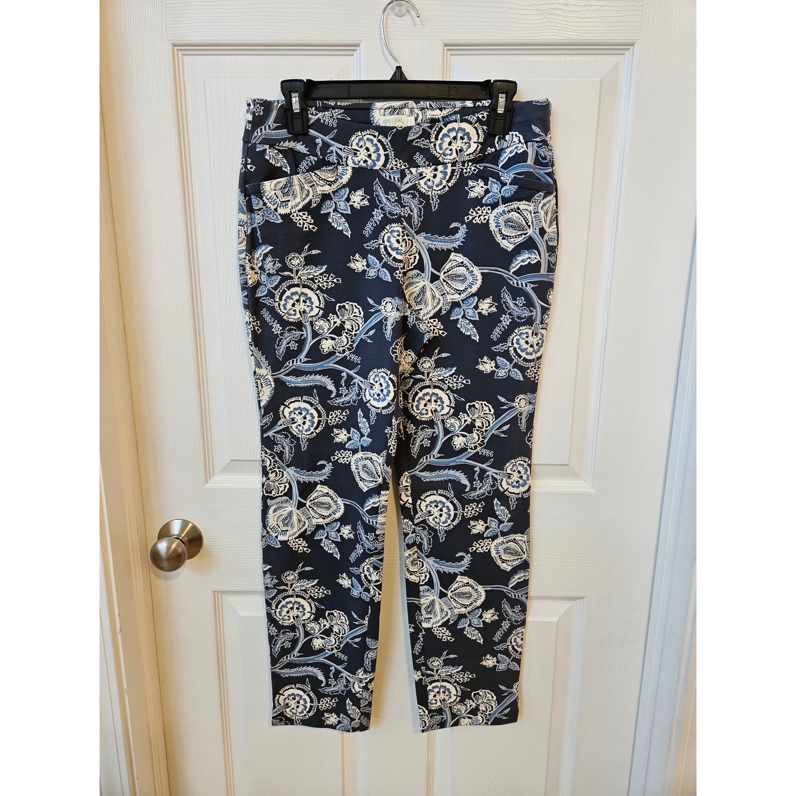 Spartina 449 Womens Large Blue Floral Ankle Pants Slim Crop Stretch